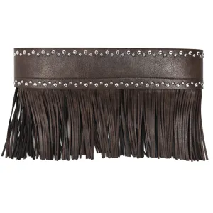 Western cowboy style brown leather wide belt with long fringe and silver studs decoration