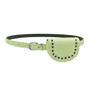Fashionable light green women's waist bag belt with decorative metal eyelets decor