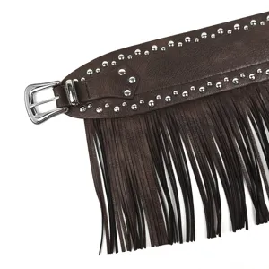 Vintage American Western style brown leather fringe wide belt with silver rivets and buckle