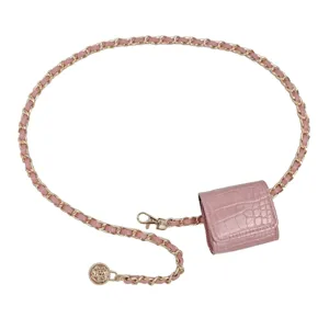 Elegant pink crocodile pattern chain belt bag for women's dress or jeans decoration