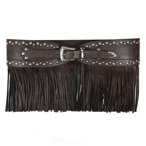 Western cowgirl style wide corset belt with long fringe tassels and metallic studs.