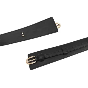 Vintage black leather waist belt with gold buckle for women's coats