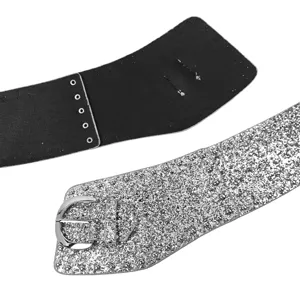 Shiny silver glitter wide waist belt with metallic buckle for women in Y2K street style