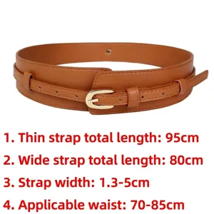 Vintage brown double strap leather belt for women coats and blazers