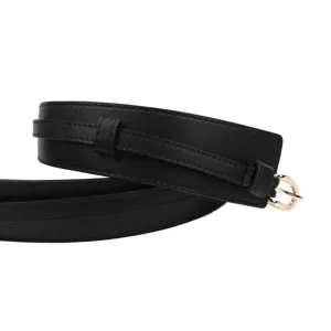 Stylish black leather wide waist belt for coats and blazers with gold buckle accent