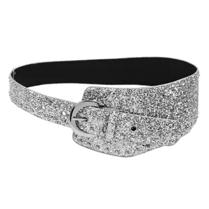 Shiny silver sequined wide belt with studs and buckle for Y2K street fashion style