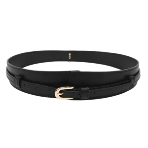 Vintage black wide waist belt with gold buckle for women's coats and blazers decoration.