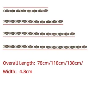 Detailed size guide for vintage Y2K studded belt showing length options and width.