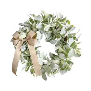 Spring artificial lamb's ear leaf wreath with a rustic tan burlap bow for door decor