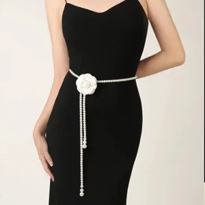 Elegant white camellia pearl waist chain accessory for women's dress or sweater.