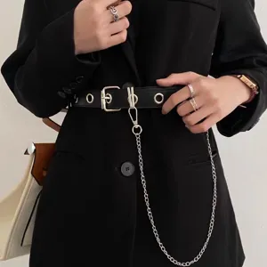 Y2K Punk PU Leather Belt For Women With Metal Chain Grommet Eyelet Decorative Jeans Waistband Casual Fashion Belt Adjustable Pin Buckle