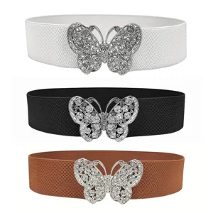 Fashion Women Elastic Waist Belt With Sparkling Rhinestone Butterfly Buckle Versatile Corset Belt For Dresses And Sweaters