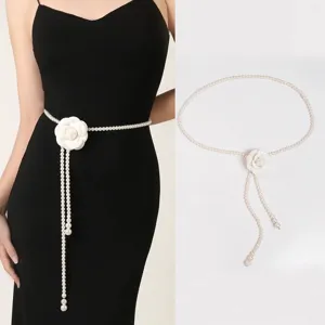 Women Elegant Camellia Artificial Pearl Waist Chain Simple Versatile Alloy Rhinestone Belt For Dress Sweater Luxury Fashion Accessory