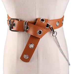 Brown faux leather belt with metal grommets and chain decoration for Y2K style