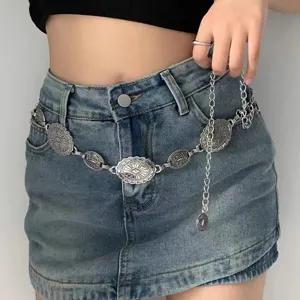 Bohemian Ethnic Metal Waist Chain For Women Vintage Alloy Relief Relief Carving Long Chain Belt For Dress Jeans Fashion Accessories