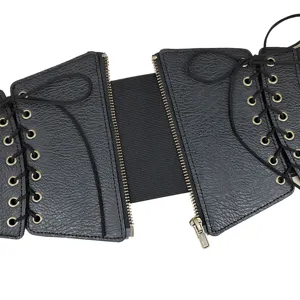Black punk style elastic wide corset belt with zipper and lace-up details