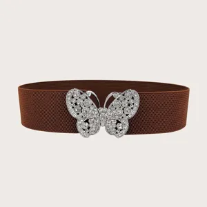 Elegant brown elastic waist belt with sparkling rhinestone butterfly buckle for women's dresses