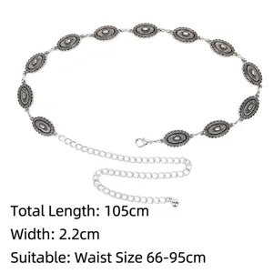 Bohemian silver metal waist chain belt for women with decorative engraved oval disks