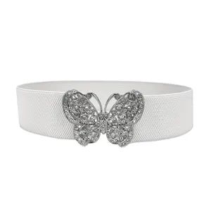Elegant white elastic belt for women featuring a sparkling rhinestone butterfly buckle.