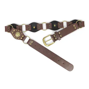 Retro Western style wide belt with metal rings, rivets, and decorative punk-style buckle