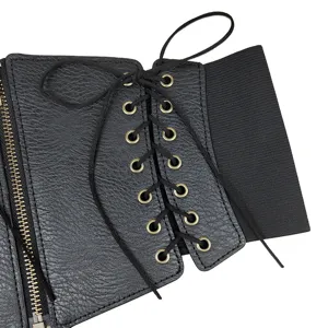 Gothic punk black lace-up corset belt with elastic band and metallic zipper closure