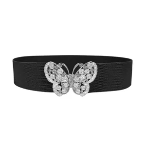 Elegant black elastic waist belt featuring a sparkling rhinestone butterfly buckle