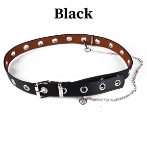 Stylish black Y2K PU leather belt with silver eyelets and decorative metal chain