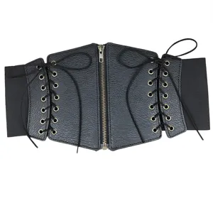 Vintage black punk style wide corset belt with front zipper and lace-up details