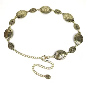 Vintage Bohemian gold metal chain belt with engraved oval medallions for dresses