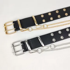 Women Punk Grommet Belt With Chain Hip Hop Street Style PU Leather Waist Strap Double Row Eyelets Belt For Jeans Pants