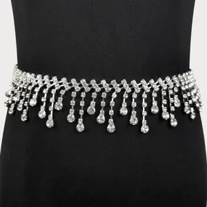Belly Dance Waist Chain Tassel Raindrop Rhinestone Body Chain Women Silver Alloy Dance Practice Daily Skirt Jewelry