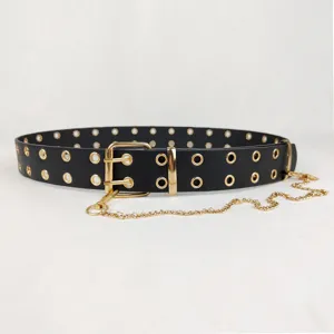 Stylish black punk belt for women with double grommet holes and gold chain accessory