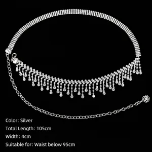 Silver rhinestone tassel belly dance waist chain with 105cm length and 4cm width