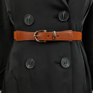 Women Vintage Elastic Thin Belt PU Leather Alloy Pin Buckle Minimalist Fashion Commuting Waistband For Dresses Jeans Women