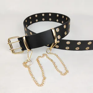 Punk style black faux leather grommet belt with detachable gold metal link chain for women