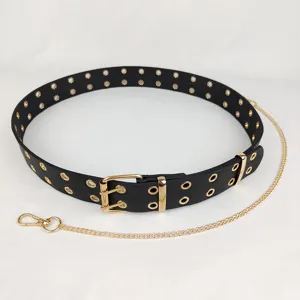 Punk style women's black leather double grommet belt with a detachable gold chain
