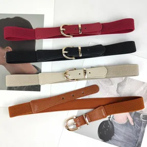 Set of slim elastic waist belts for women in retro minimalist style with gold buckles