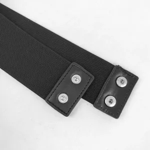 Close-up detail of a wide black elastic corset belt with premium leather snap buttons