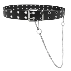 Black punk style double grommet belt with detachable silver metal chain for women