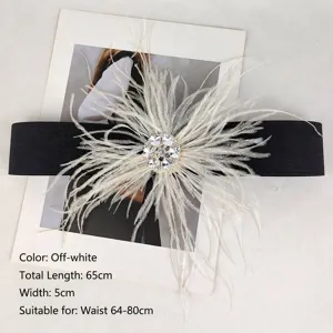 Elegant black elastic waist belt with white feather decoration and rhinestone