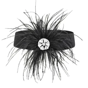 Fashionable black feather waist cinch belt with central rhinestone floral decoration