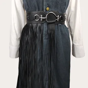 Women Punk Faux Leather Waist Cincher Belt Long Fringe Tassel Skirt Corset Belt With Silver Rivets Ring Buckle Fashion Accessories Black