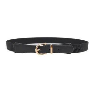 Women's minimalist black elastic belt with a classic vintage gold buckle detail