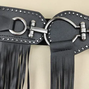 Trendy punk style black wide waist belt with extra long fringe and silver rivets