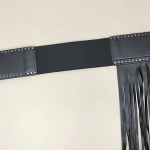 Punk style wide black elastic belt with long tassels and silver studs decoration