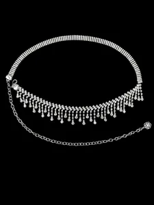 Elegant silver belly dance waist chain with shimmering rhinestone tassels and rose charm.