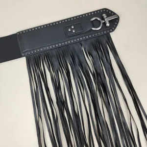 Black punk style wide waist seal belt with long tassels and silver rivet accents