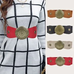 Vintage Round Plate Buckle Elastic Cinch Belt For Women PU Leather Floral Embossed Wide Waist Band For Suit Dress Accessories