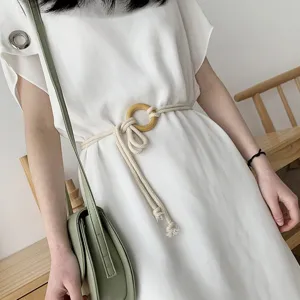 Cinturón de Cuerda de Cintura Tejida Bohemia para Mujer Mezcla de Algodón Trenzada a Mano Con Anillo de Madera Borla para Vestidos