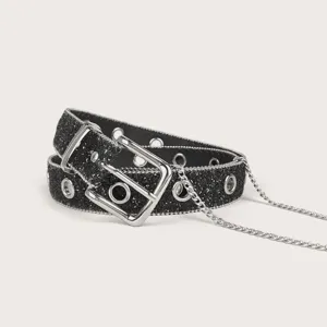 Women Shiny Sequin Belt With Metal Eyelets Decorative Side Chain Y2K Spicy Girl Style PU Alloy Pin Buckle Waist Belt For Jeans Skirt